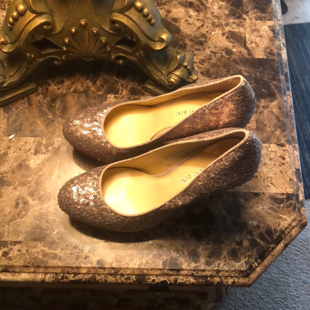 Gold sequin pumps
